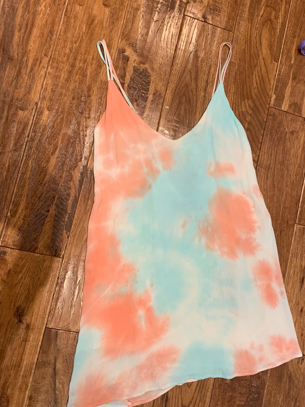 Lulu's Coral & Aqua Tie-Dye V-Neck Spaghetti Strap Slip Mini Dress